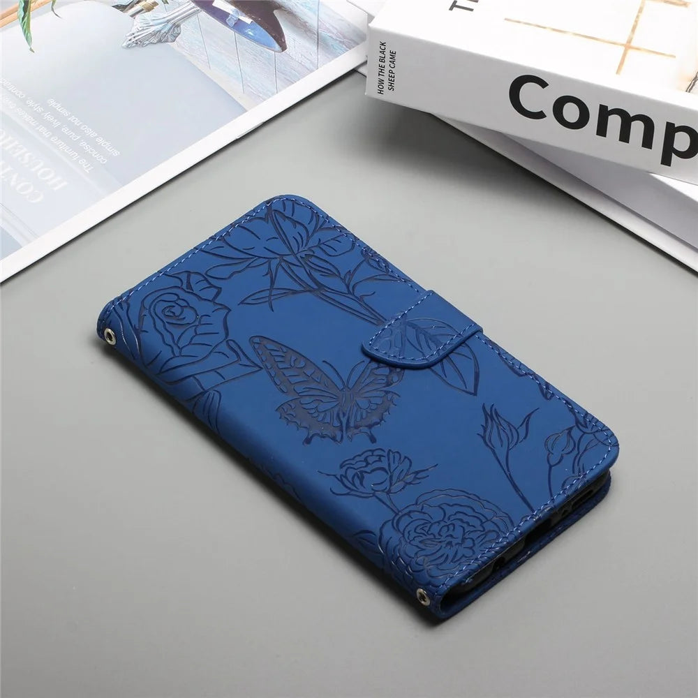 For iPhone XR 6.1 inch Skin-touch Feeling Leather Smartphone Case Butterfly Flower Pattern Imprinted Flip Wallet Phone Cover with Wrist Strap - Blue - 7