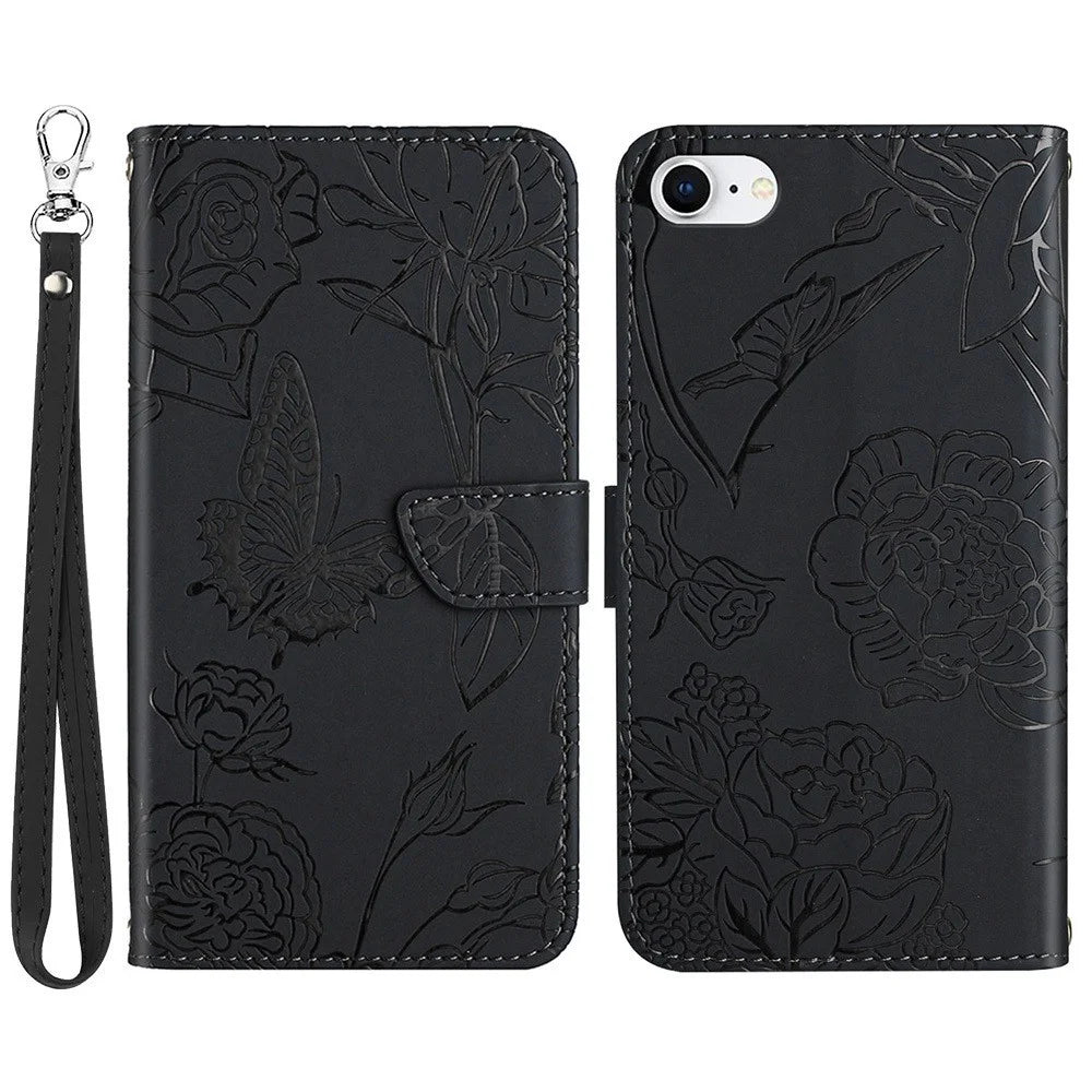 For iPhone SE (2022)/SE (2020)/8/7 4.7 inch Leather Phone Cover Stand Skin-touch Feeling Butterfly Flower Pattern Imprinted Pattern Flip Wallet with Wrist Strap - Black - 1