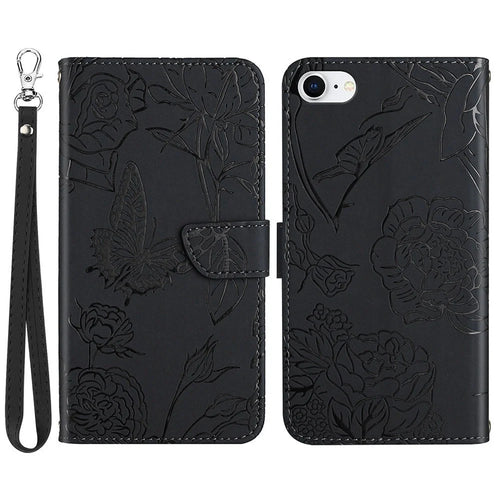 For iPhone SE (2022)/SE (2020)/8/7 4.7 inch Leather Phone Cover Stand Skin-touch Feeling Butterfly Flower Pattern Imprinted Pattern Flip Wallet with Wrist Strap - Black - 1