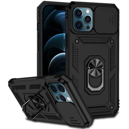 For iPhone 12 Pro Max 6.7 inch Stylish Phone Case Ring Kickstand Hybrid PC + TPU Shell with Slide Camera Protection Cover - Black - 1