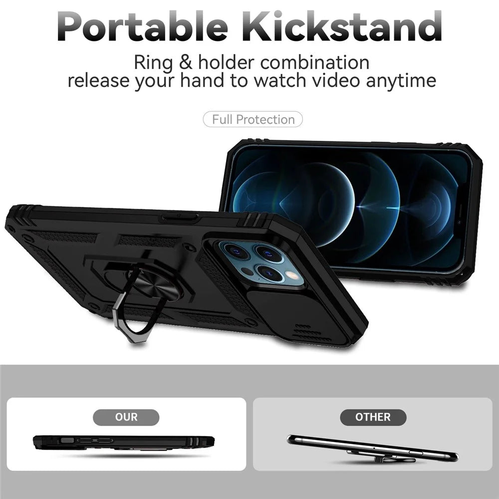 For iPhone 12 Pro Max 6.7 inch Stylish Phone Case Ring Kickstand Hybrid PC + TPU Shell with Slide Camera Protection Cover - Black - 2