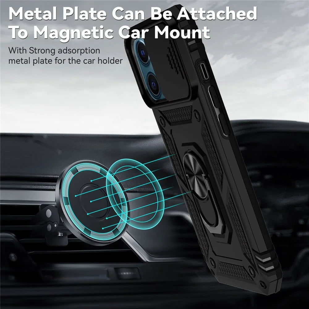For iPhone 12 Pro Max 6.7 inch Stylish Phone Case Ring Kickstand Hybrid PC + TPU Shell with Slide Camera Protection Cover - Black - 3