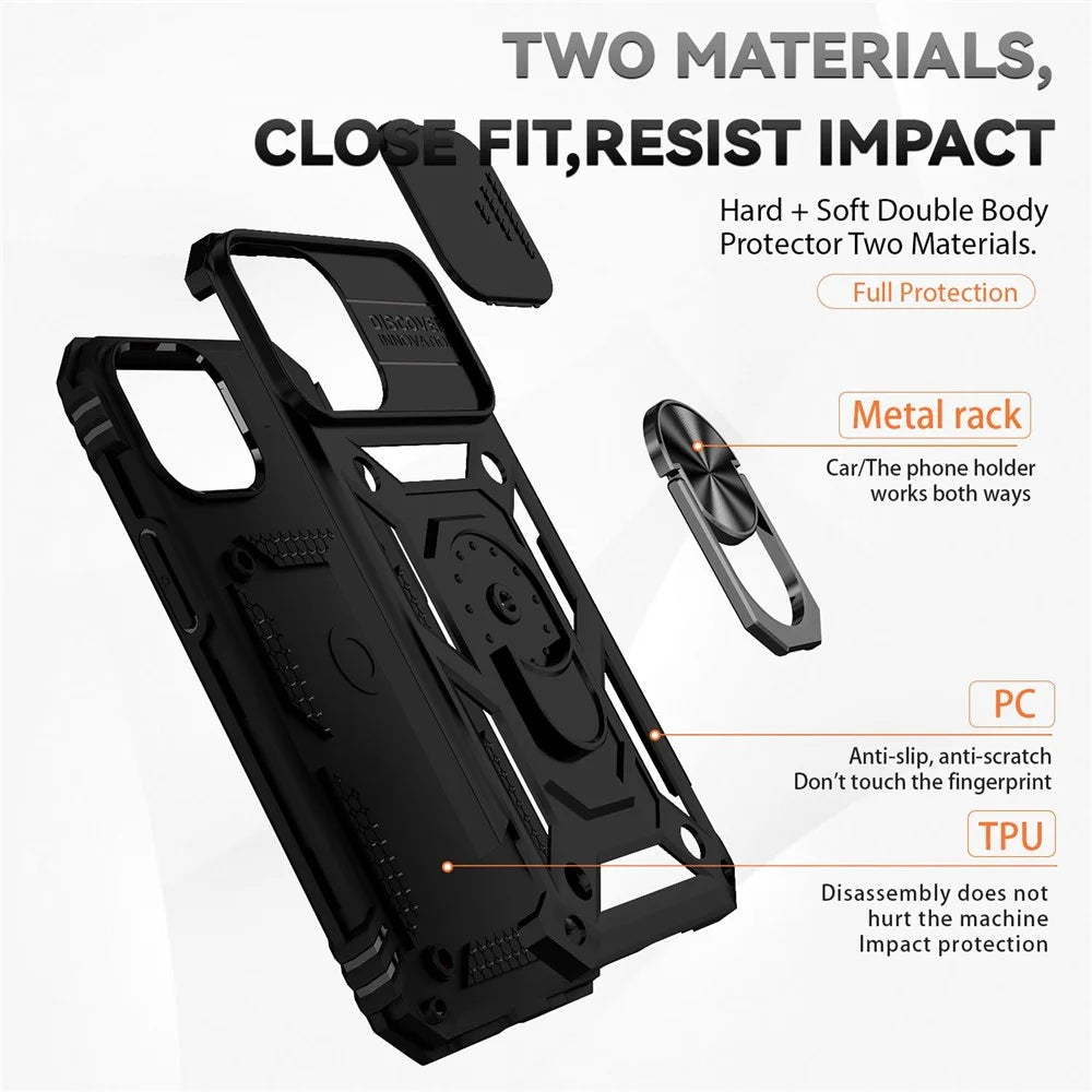 For iPhone 12 Pro Max 6.7 inch Stylish Phone Case Ring Kickstand Hybrid PC + TPU Shell with Slide Camera Protection Cover - Black - 4