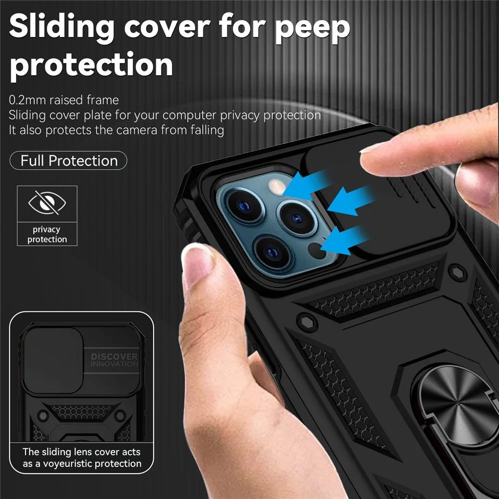 For iPhone 12 Pro Max 6.7 inch Stylish Phone Case Ring Kickstand Hybrid PC + TPU Shell with Slide Camera Protection Cover - Black - 5