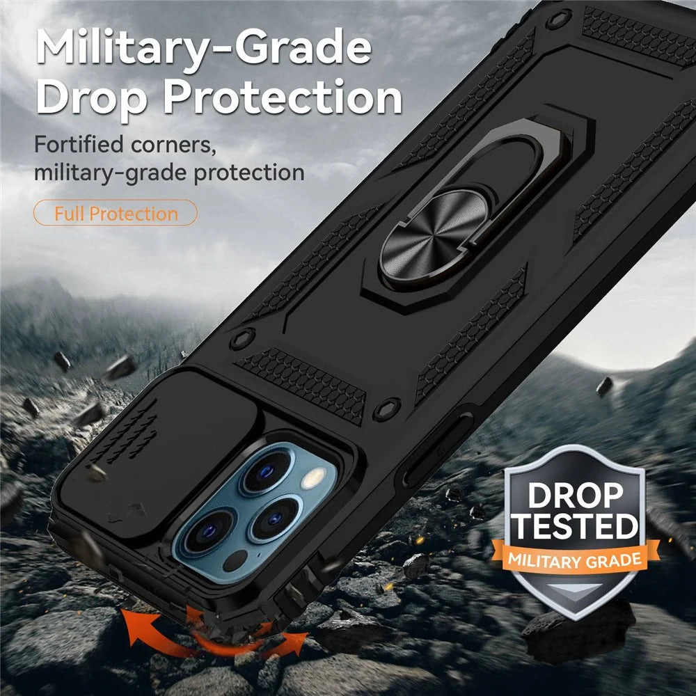 For iPhone 12 Pro Max 6.7 inch Stylish Phone Case Ring Kickstand Hybrid PC + TPU Shell with Slide Camera Protection Cover - Black - 6