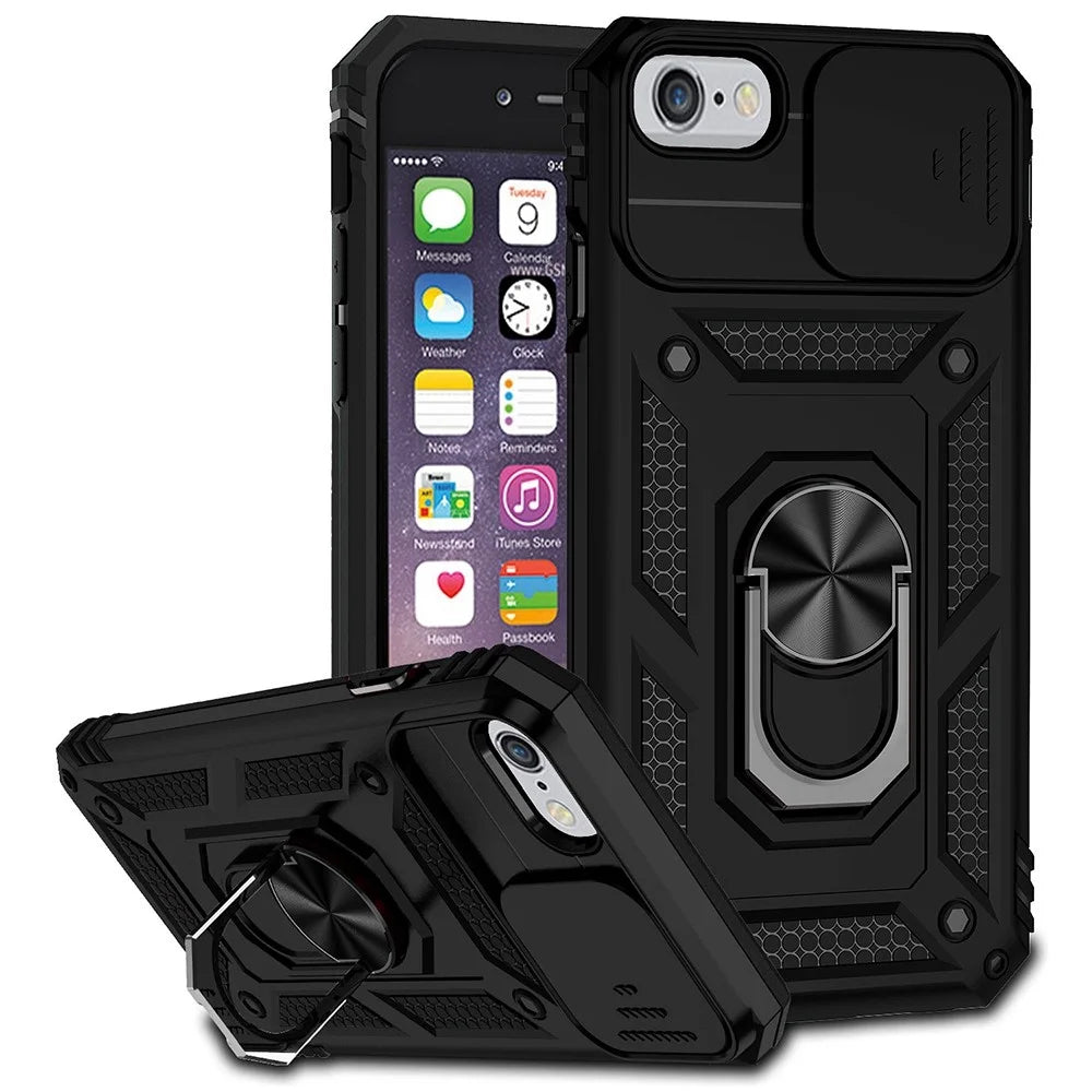 For iPhone SE (2022)/SE (2020)/8/7 4.7 inch Dustproof Phone Case Ring Kickstand Hybrid PC TPU Phone Shell with Slide Camera Protection Cover - Black - 1