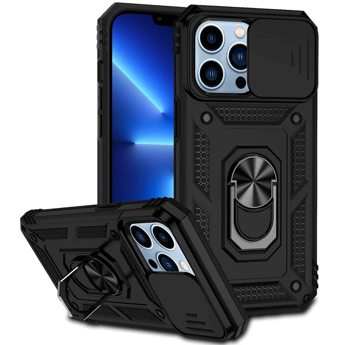 For iPhone 13 Pro 6.1 inch Slide Camera Protection Cover Lightweight Phone Case Ring Kickstand Hybrid PC + TPU Phone Shell - Black - 1