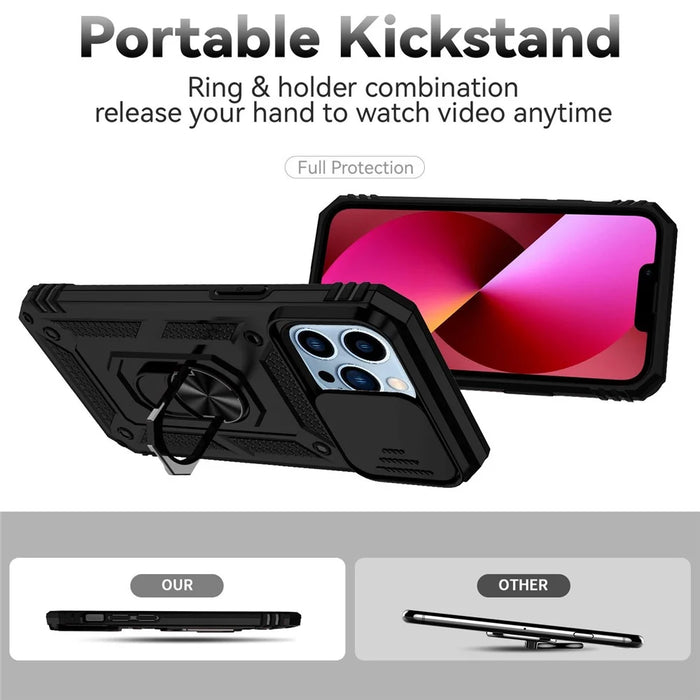 For iPhone 13 Pro 6.1 inch Slide Camera Protection Cover Lightweight Phone Case Ring Kickstand Hybrid PC + TPU Phone Shell - Black - 2