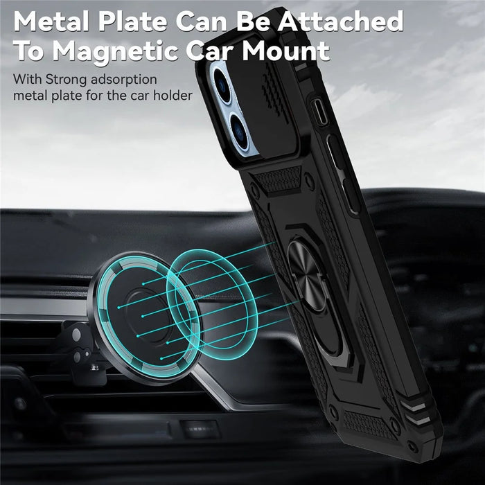 For iPhone 13 Pro 6.1 inch Slide Camera Protection Cover Lightweight Phone Case Ring Kickstand Hybrid PC + TPU Phone Shell - Black - 3