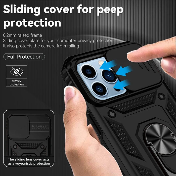 For iPhone 13 Pro 6.1 inch Slide Camera Protection Cover Lightweight Phone Case Ring Kickstand Hybrid PC + TPU Phone Shell - Black - 5
