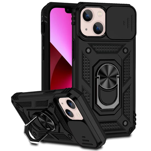 For iPhone 13 mini 5.4 inch Mobile Phone Cover Slide Camera Protection Ring Kickstand Hybrid PC + TPU Phone Case - Black - 1