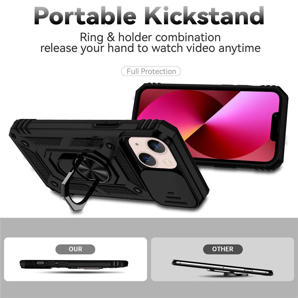 For iPhone 13 mini 5.4 inch Mobile Phone Cover Slide Camera Protection Ring Kickstand Hybrid PC + TPU Phone Case - Black - 2