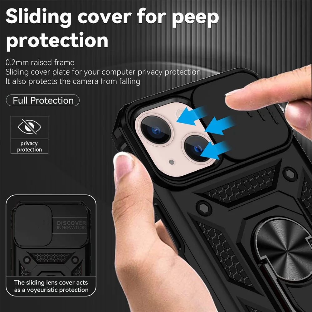 For iPhone 13 mini 5.4 inch Mobile Phone Cover Slide Camera Protection Ring Kickstand Hybrid PC + TPU Phone Case - Black - 5