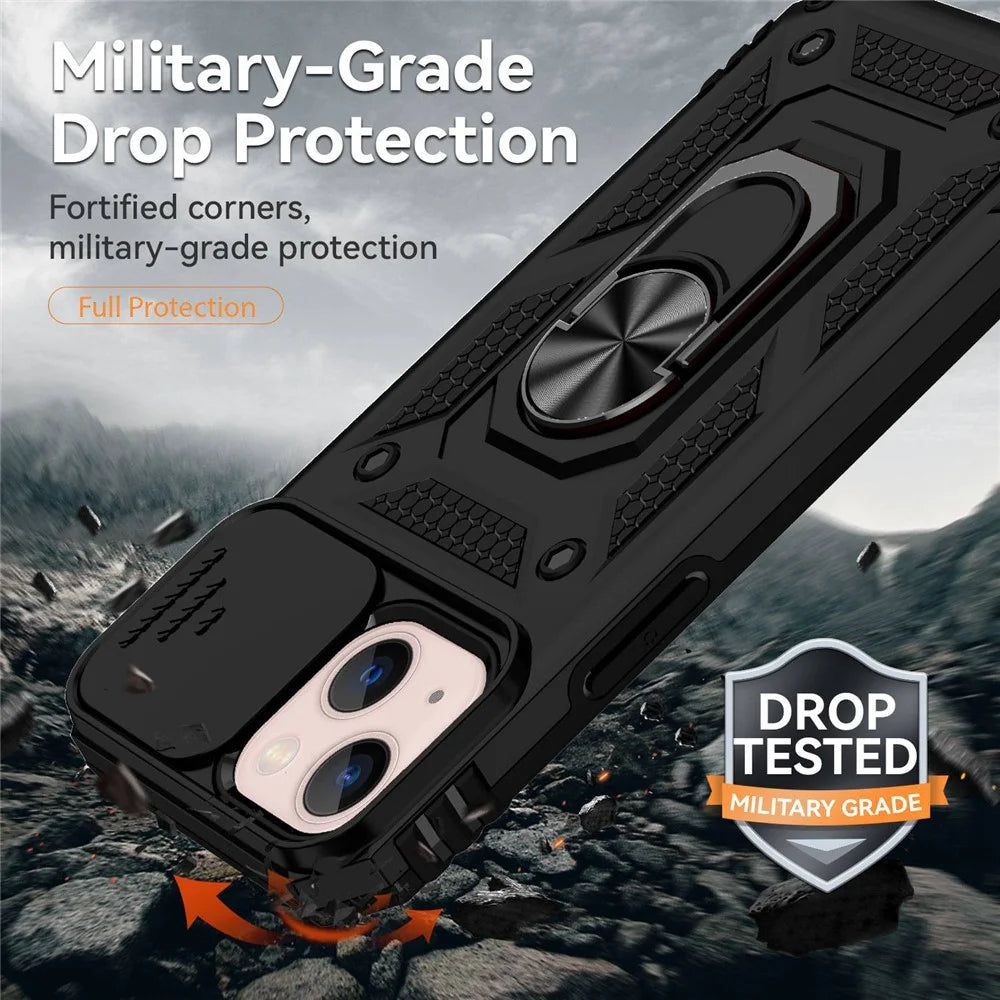 For iPhone 13 mini 5.4 inch Mobile Phone Cover Slide Camera Protection Ring Kickstand Hybrid PC + TPU Phone Case - Black - 7