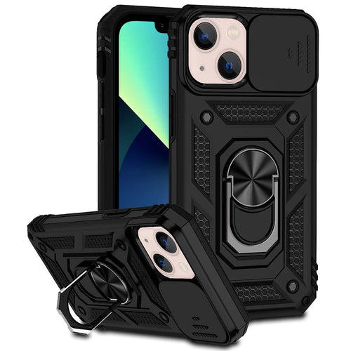 For iPhone 13 6.1 inch Anti-scratch Cell Phone Case Ring Kickstand Hybrid PC + TPU Shell with Slide Camera Protection Cover - Black - 1