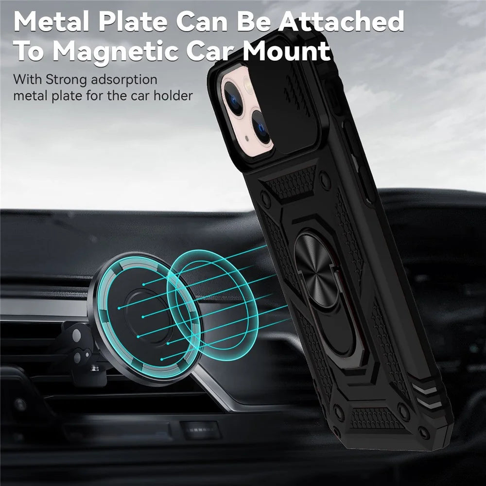 For iPhone 13 6.1 inch Anti-scratch Cell Phone Case Ring Kickstand Hybrid PC + TPU Shell with Slide Camera Protection Cover - Black - 3