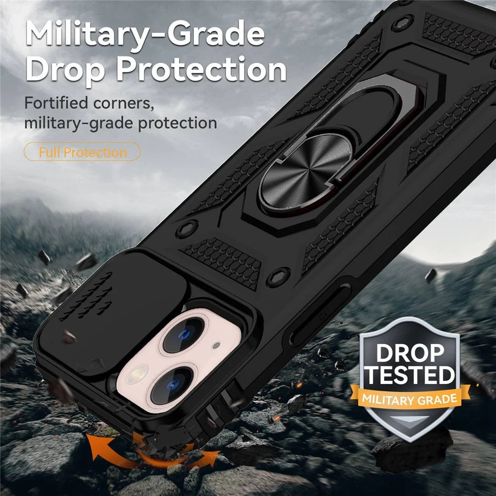 For iPhone 13 6.1 inch Anti-scratch Cell Phone Case Ring Kickstand Hybrid PC + TPU Shell with Slide Camera Protection Cover - Black - 7