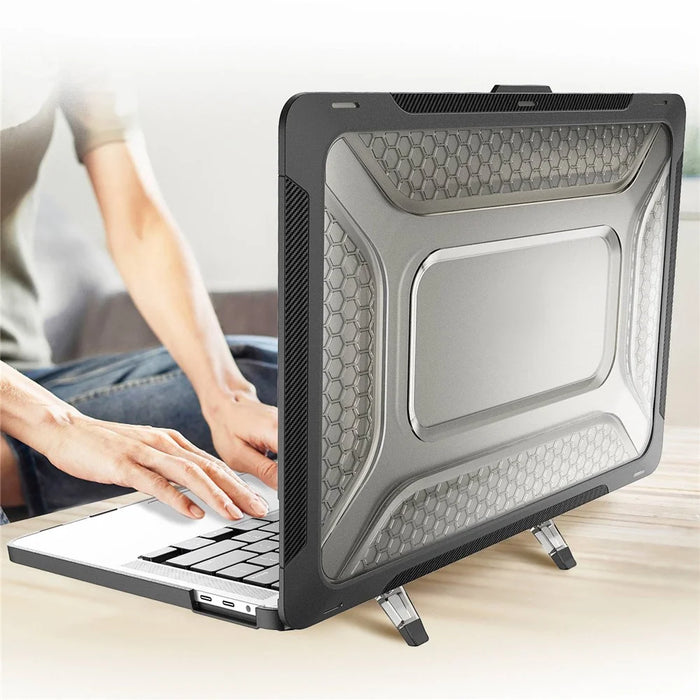 For MacBook Pro 13 inch (2020) PC + TPU Laptop Case Anti-scratch Full-Protection Notebook Cover with Supporting Feet - Black - 7