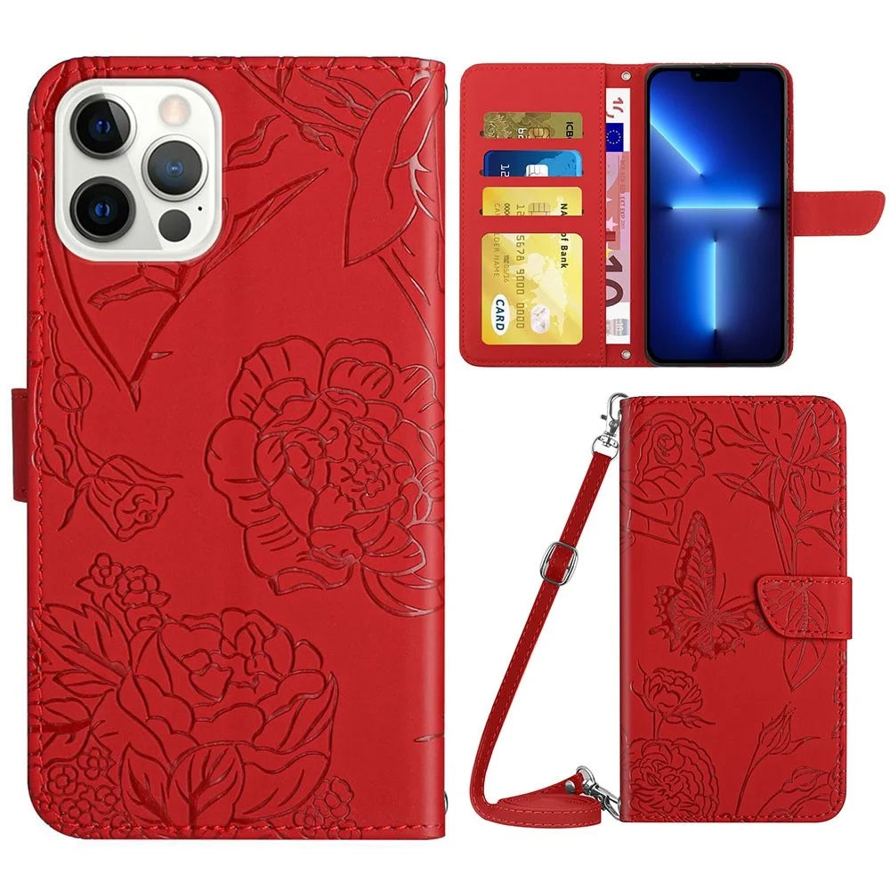 For iPhone 13 Pro Max 6.7 inch Butterfly Flowers Imprinting Anti-fall PU Leather Phone Shell, Pattern Imprinting Design Wallet Stand Case with Shoulder Strap - Red - 1