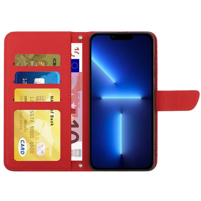 For iPhone 13 Pro Max 6.7 inch Butterfly Flowers Imprinting Anti-fall PU Leather Phone Shell, Pattern Imprinting Design Wallet Stand Case with Shoulder Strap - Red - 2