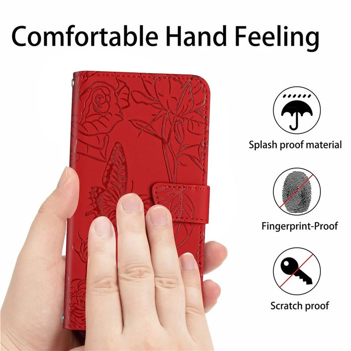 For iPhone 13 Pro Max 6.7 inch Butterfly Flowers Imprinting Anti-fall PU Leather Phone Shell, Pattern Imprinting Design Wallet Stand Case with Shoulder Strap - Red - 5