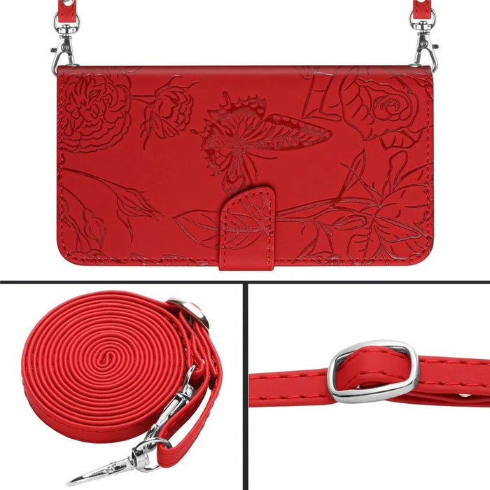 For iPhone 13 Pro Max 6.7 inch Butterfly Flowers Imprinting Anti-fall PU Leather Phone Shell, Pattern Imprinting Design Wallet Stand Case with Shoulder Strap - Red - 7