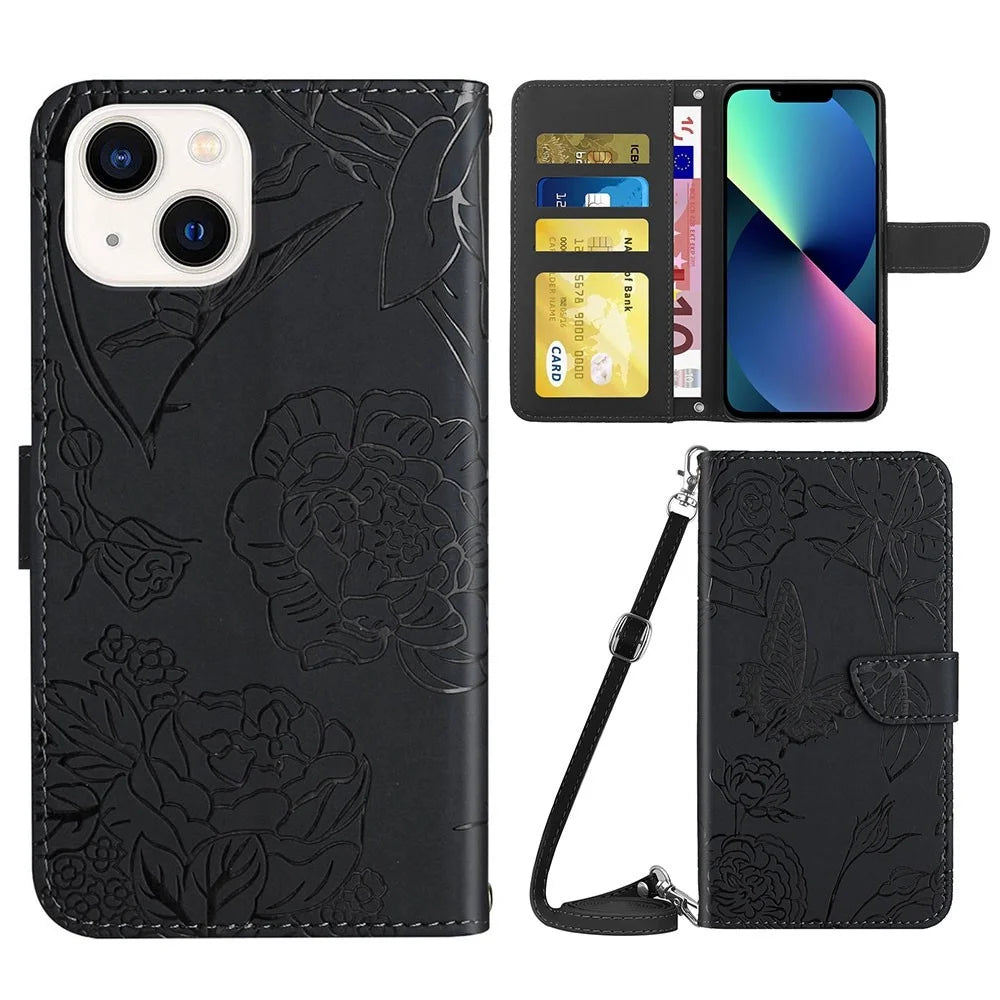 For iPhone 13 6.1 inch Skin-soft Touch PU Leather Folio Wallet Case Imprinted Butterfly Flower Pattern Stand Magnetic Protect Flip Cove with Shoulder Strap - Black - 1