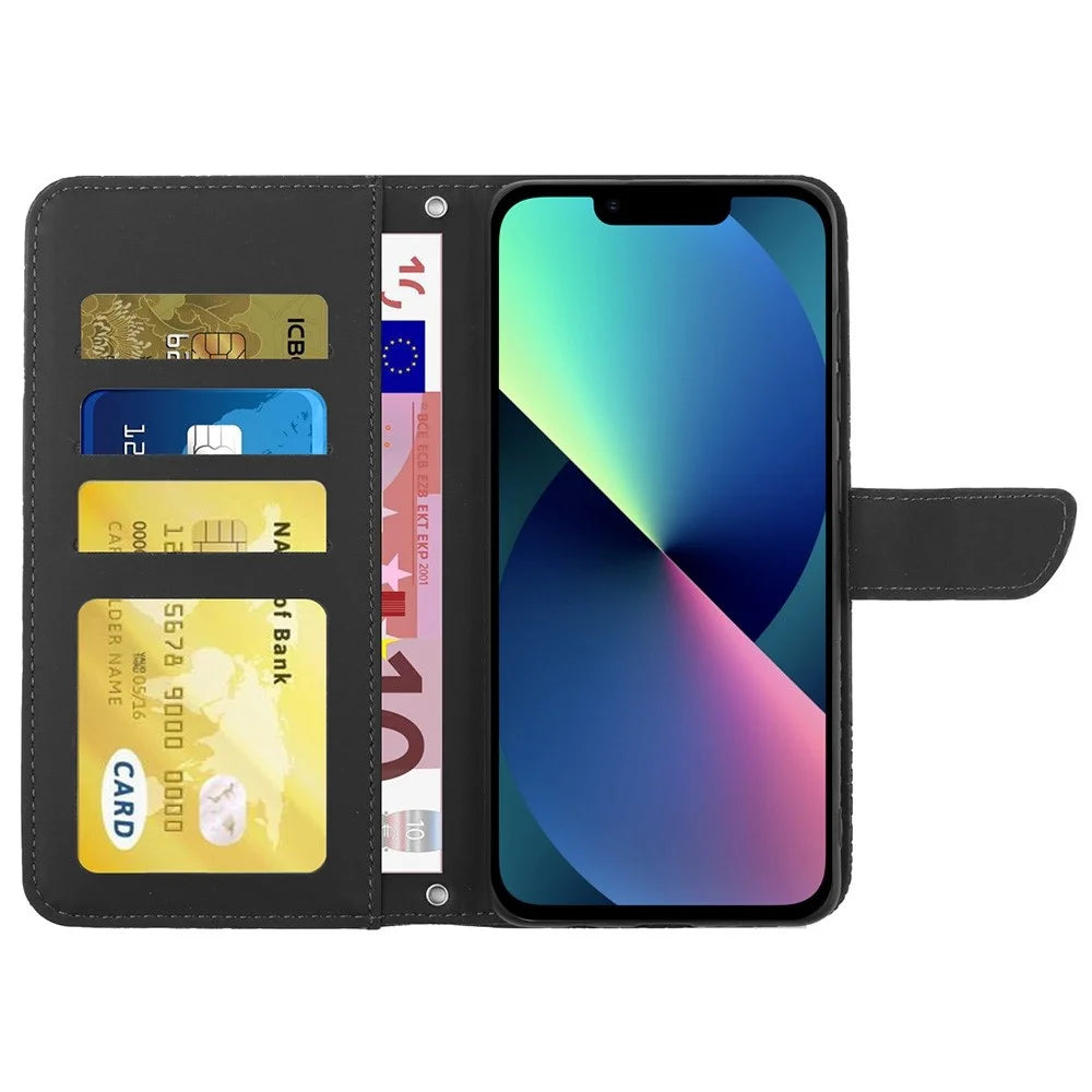 For iPhone 13 6.1 inch Skin-soft Touch PU Leather Folio Wallet Case Imprinted Butterfly Flower Pattern Stand Magnetic Protect Flip Cove with Shoulder Strap - Black - 2