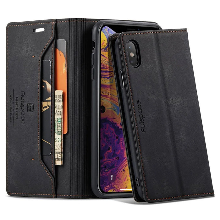 AUTSPACE A01 Series for iPhone X/XS PU Leather Case RFID Blocking Wallet Stand Flip Cover - Black - 1