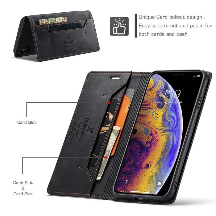 AUTSPACE A01 Series for iPhone X/XS PU Leather Case RFID Blocking Wallet Stand Flip Cover - Black - 4