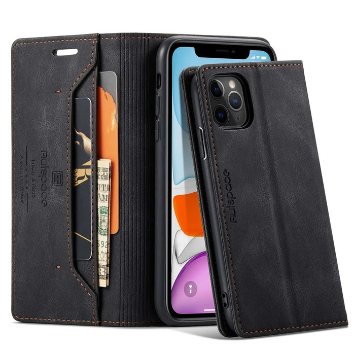 AUTSPACE A01 Series for iPhone 11 Pro Max 6.5 inch PU Leather Case RFID Blocking Wallet Stand Flip Cover - Black - 1