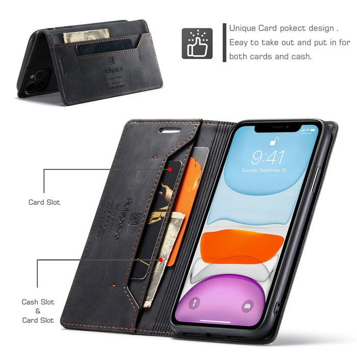 AUTSPACE A01 Series for iPhone 11 Pro Max 6.5 inch PU Leather Case RFID Blocking Wallet Stand Flip Cover - Black - 4