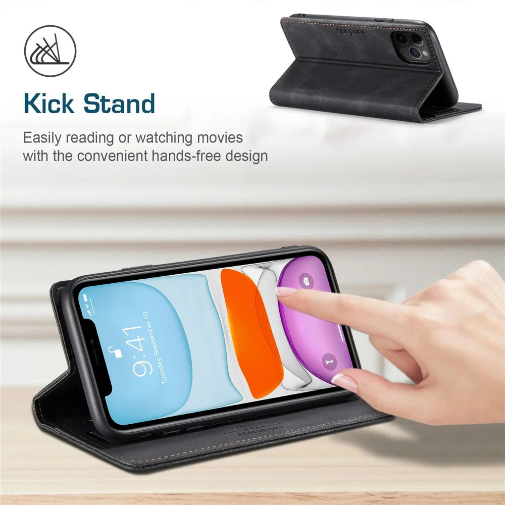 AUTSPACE A01 Series for iPhone 11 Pro Max 6.5 inch PU Leather Case RFID Blocking Wallet Stand Flip Cover - Black - 5