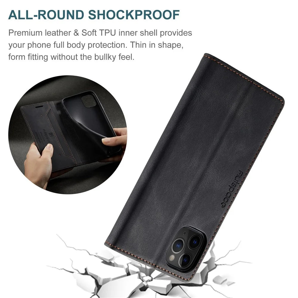 AUTSPACE A01 Series for iPhone 11 Pro Max 6.5 inch PU Leather Case RFID Blocking Wallet Stand Flip Cover - Black - 6