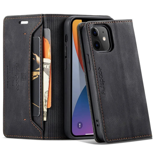 AUTSPACE A01 Series for iPhone 12/12 Pro 6.1 inch PU Leather Case RFID Blocking Wallet Flip Stand Cover - Black - 1