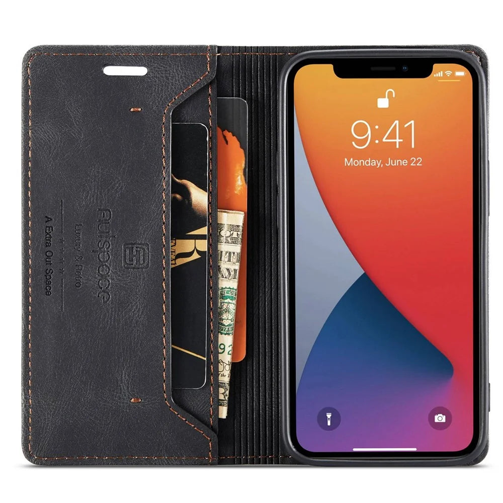 AUTSPACE A01 Series for iPhone 12/12 Pro 6.1 inch PU Leather Case RFID Blocking Wallet Flip Stand Cover - Black - 2
