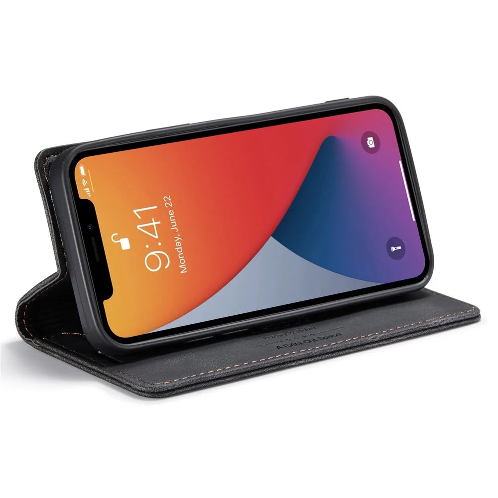 AUTSPACE A01 Series for iPhone 12/12 Pro 6.1 inch PU Leather Case RFID Blocking Wallet Flip Stand Cover - Black - 3