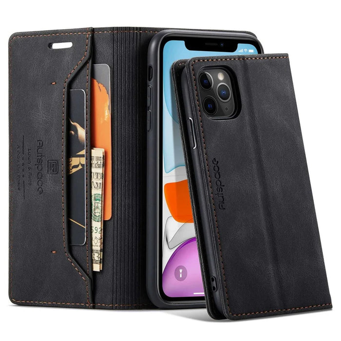 AUTSPACE A01 Series for iPhone 11 Pro 5.8 inch PU Leather Case RFID Blocking Wallet Stand Flip Cover - Black - 1