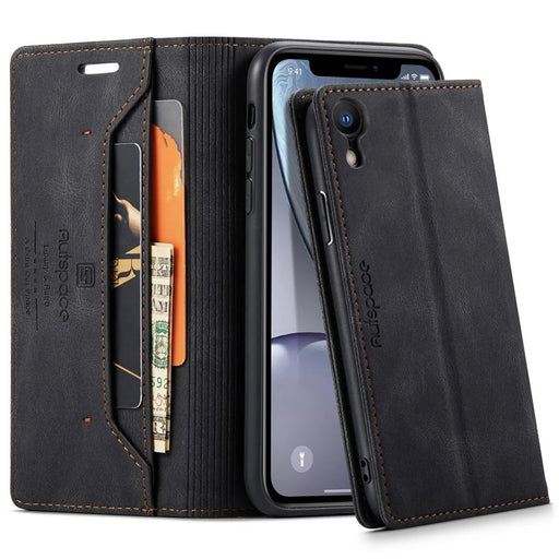 AUTSPACE A01 Series for iPhone XR 6.1 inch PU Leather Case RFID Blocking Wallet Stand Flip Cover - Black - 1