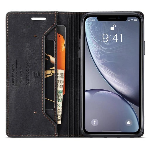 AUTSPACE A01 Series for iPhone XR 6.1 inch PU Leather Case RFID Blocking Wallet Stand Flip Cover - Black - 2
