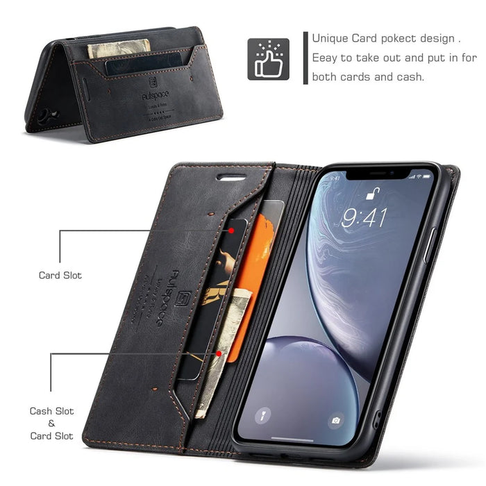 AUTSPACE A01 Series for iPhone XR 6.1 inch PU Leather Case RFID Blocking Wallet Stand Flip Cover - Black - 4