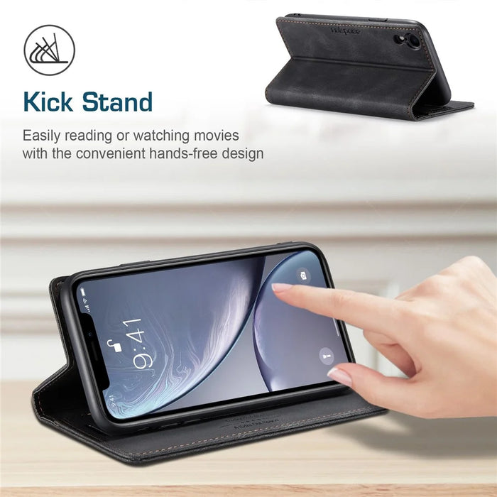 AUTSPACE A01 Series for iPhone XR 6.1 inch PU Leather Case RFID Blocking Wallet Stand Flip Cover - Black - 5