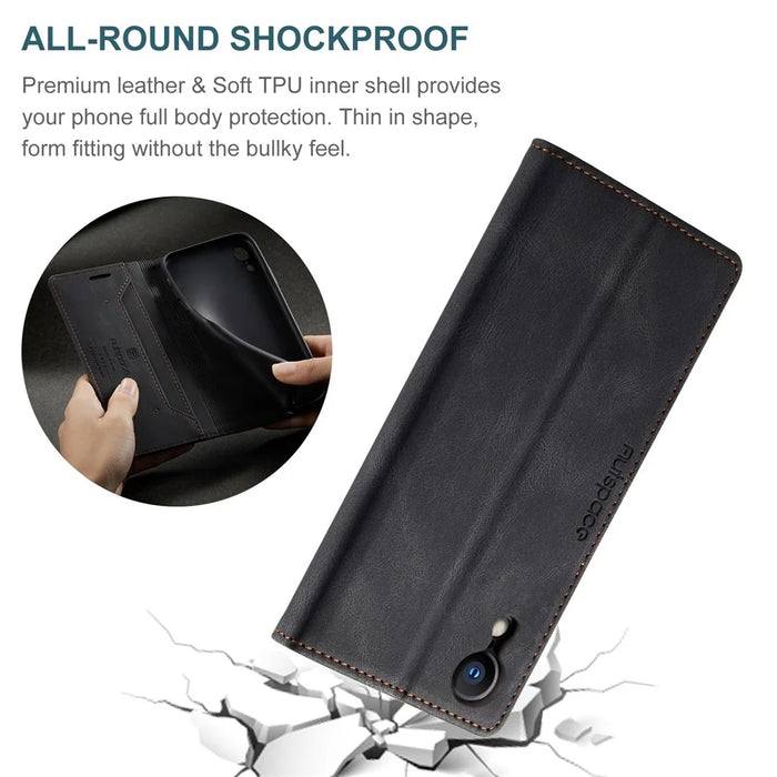 AUTSPACE A01 Series for iPhone XR 6.1 inch PU Leather Case RFID Blocking Wallet Stand Flip Cover - Black - 6