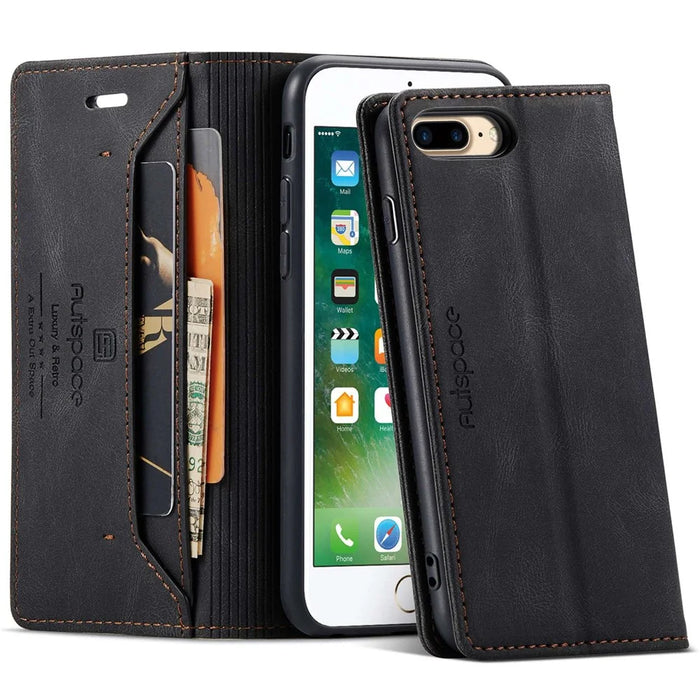 AUTSPACE A01 Series for iPhone 6 Plus/7 Plus/8 Plus 5.5 inch PU Leather Case RFID Blocking Wallet Flip Stand Cover - Black - 1