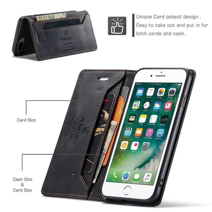 AUTSPACE A01 Series for iPhone 6 Plus/7 Plus/8 Plus 5.5 inch PU Leather Case RFID Blocking Wallet Flip Stand Cover - Black - 4