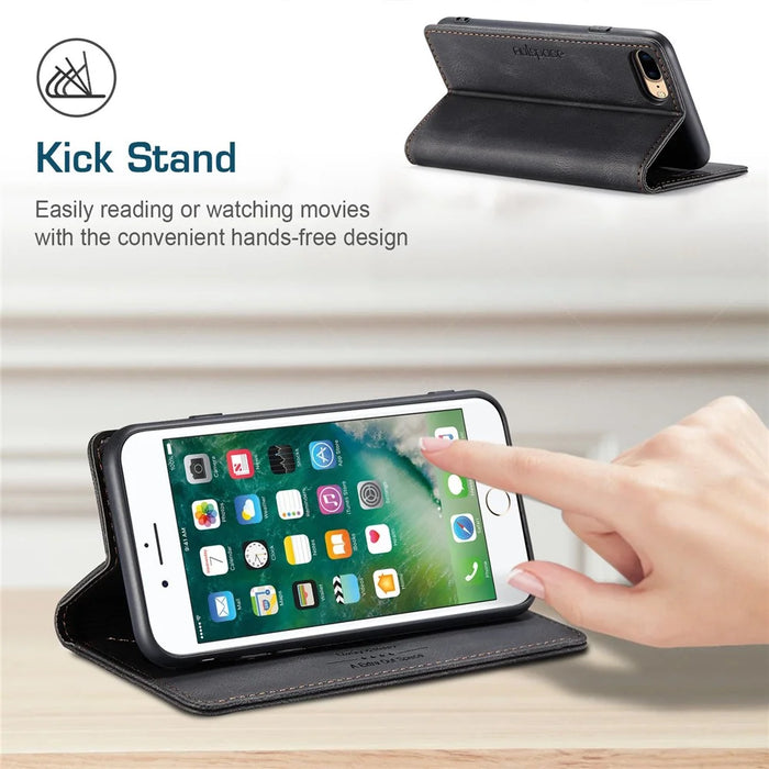 AUTSPACE A01 Series for iPhone 6 Plus/7 Plus/8 Plus 5.5 inch PU Leather Case RFID Blocking Wallet Flip Stand Cover - Black - 5