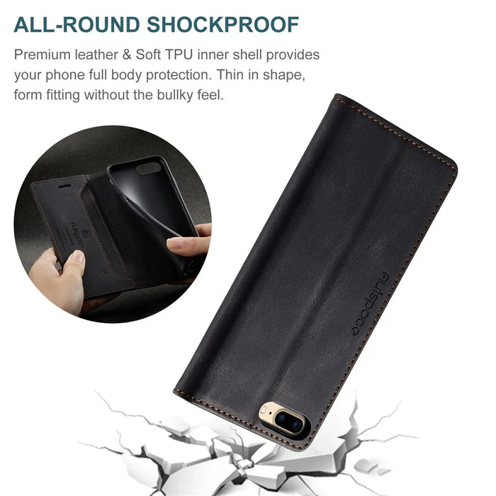 AUTSPACE A01 Series for iPhone 6 Plus/7 Plus/8 Plus 5.5 inch PU Leather Case RFID Blocking Wallet Flip Stand Cover - Black - 6