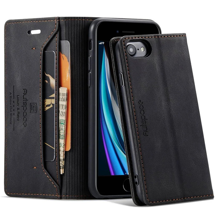 AUTSPACE A01 Series for iPhone 6/7/8/SE (2020)/SE (2022) PU Leather Case RFID Blocking Wallet Flip Stand Cover - Black - 1