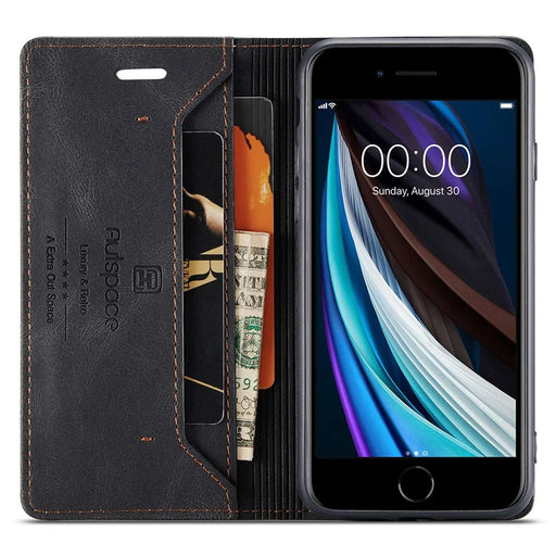AUTSPACE A01 Series for iPhone 6/7/8/SE (2020)/SE (2022) PU Leather Case RFID Blocking Wallet Flip Stand Cover - Black - 2