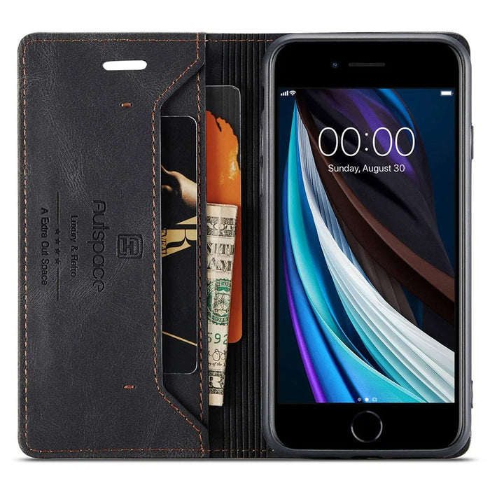AUTSPACE A01 Series for iPhone 6/7/8/SE (2020)/SE (2022) PU Leather Case RFID Blocking Wallet Flip Stand Cover - Black - 2
